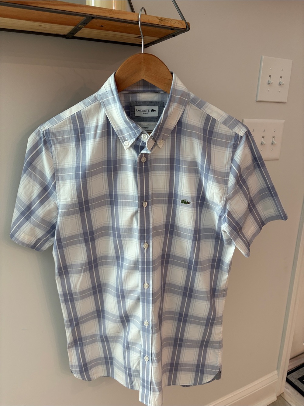 Lacoste Light Blue and White Plaid Short-Sleeve Button-Down Shirt